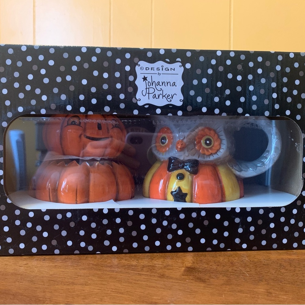 Halloween sugar and creamer set NIB Orange Black Gray Yellow pumpkin and owl - Picture 4 of 5